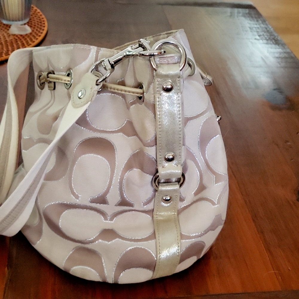 Coach Signature Poppy Drawstring Crossbody Bucket Bag - Tan/Cream - Picture 6 of 11